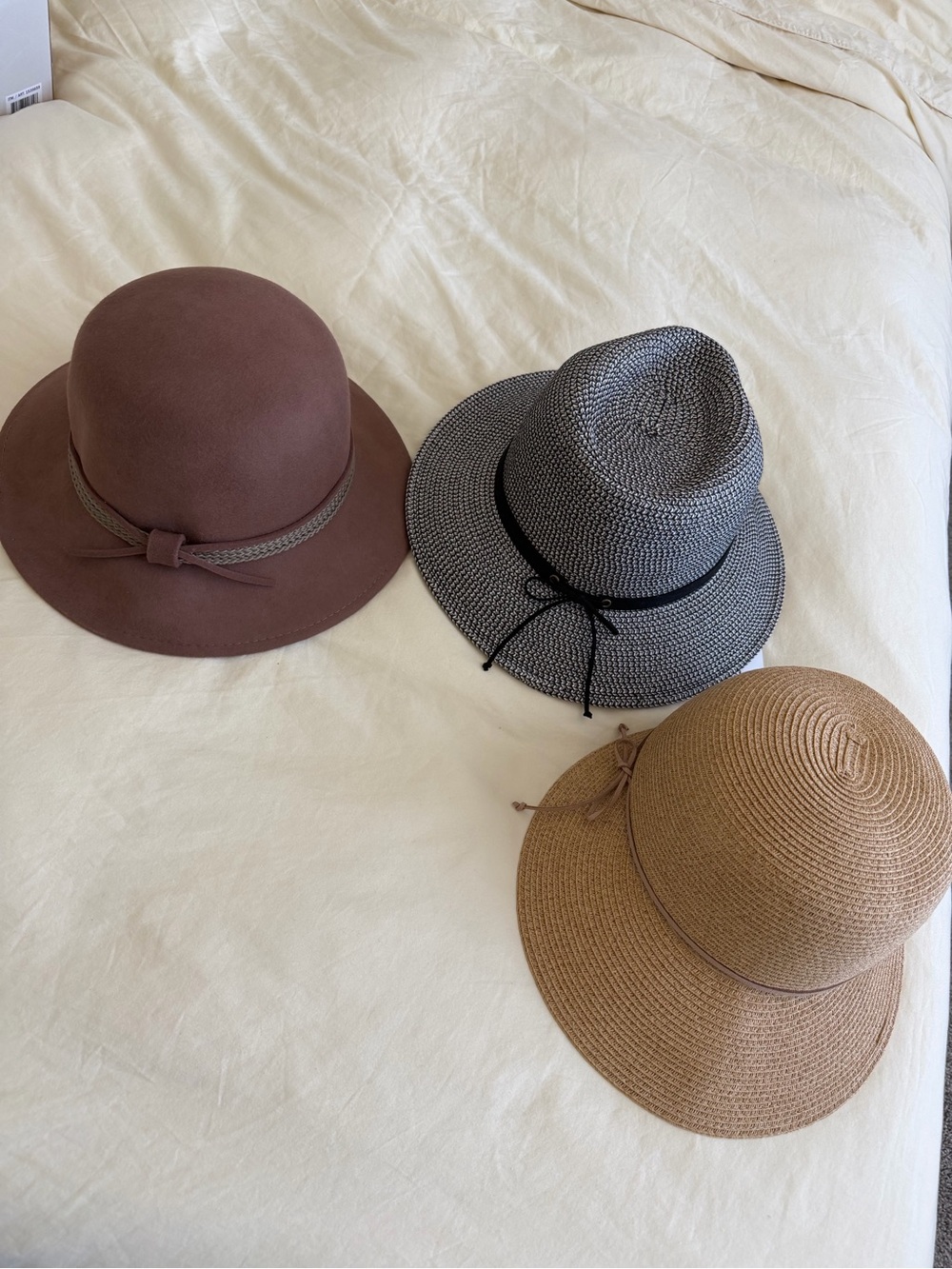 Women’s Nine West Brown Wool Cloche Hat, Straw Sunhat,and Black and White Fedora